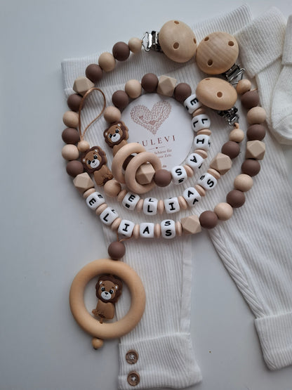 3er Set Schnullerkette Kinderwagenkette & Greifring mit Namen Löwe braun beige Holz