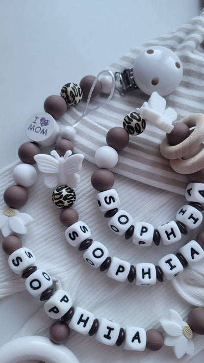3er Set Schnullerkette Kinderwagenkette & Beissring mit Namen  Schmetterlinge leo weiss braun