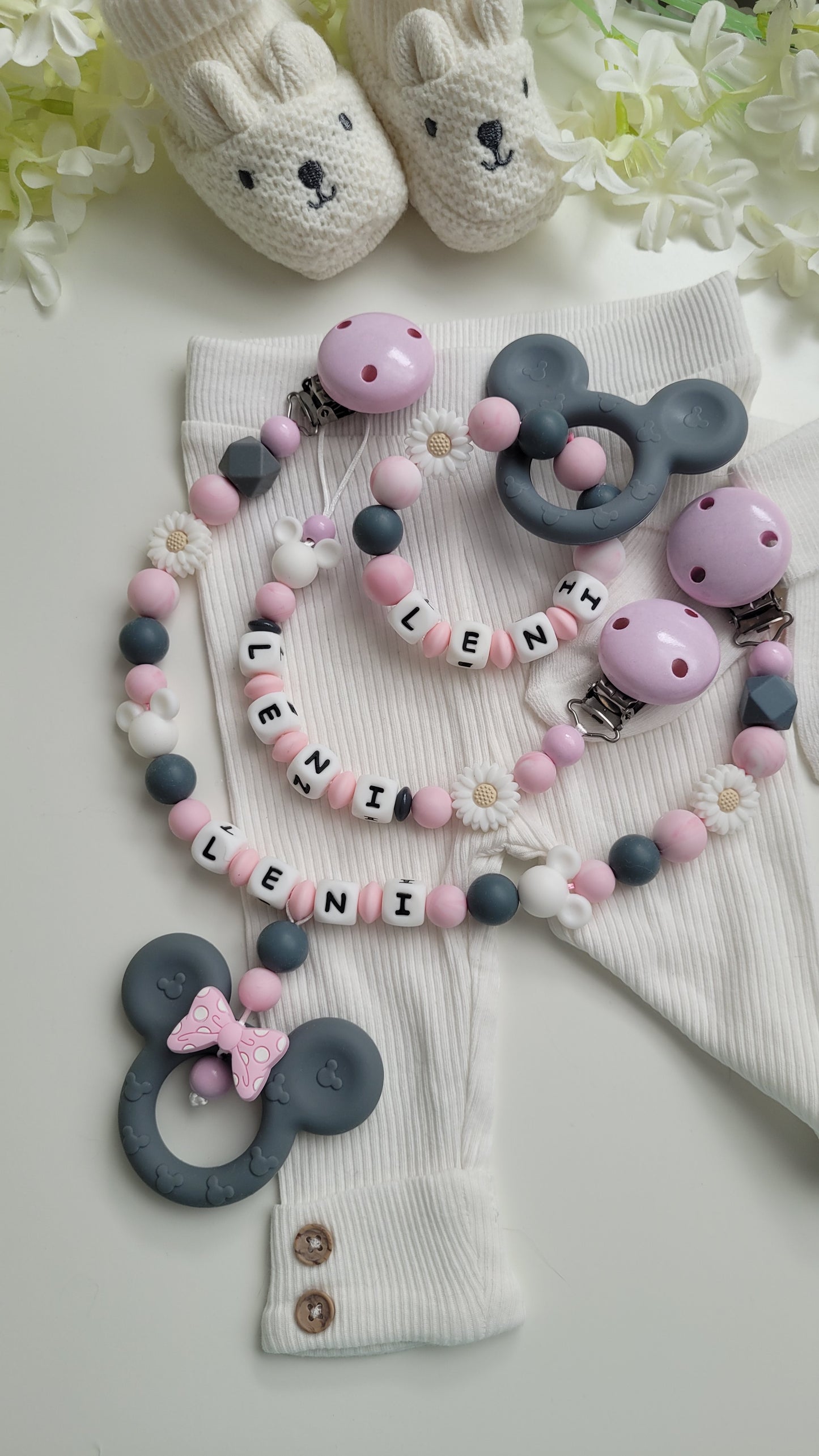 3tlg Set Schnullerkette Kinderwagenkette Greifling Maus grau rosa