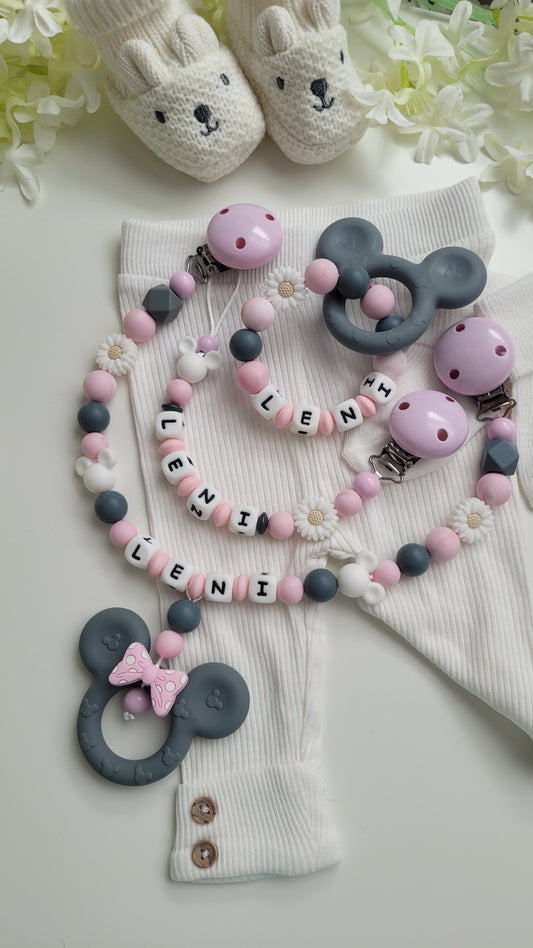 3tlg Set Schnullerkette Kinderwagenkette Greifling Maus grau rosa
