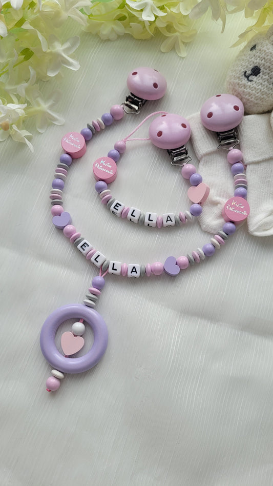 Kinderwagenkette & Schnullerkette mit Namen Kleine Prinzessin rosa flieder