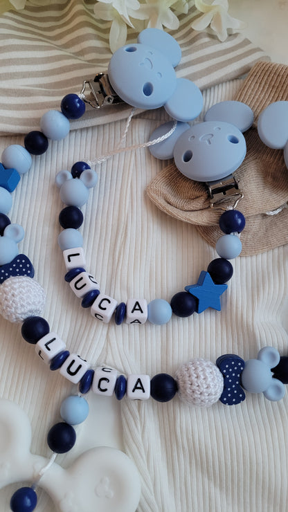 Kinderwagenkette & Schnullerkette mit Namen *Maus*  hellblau marine