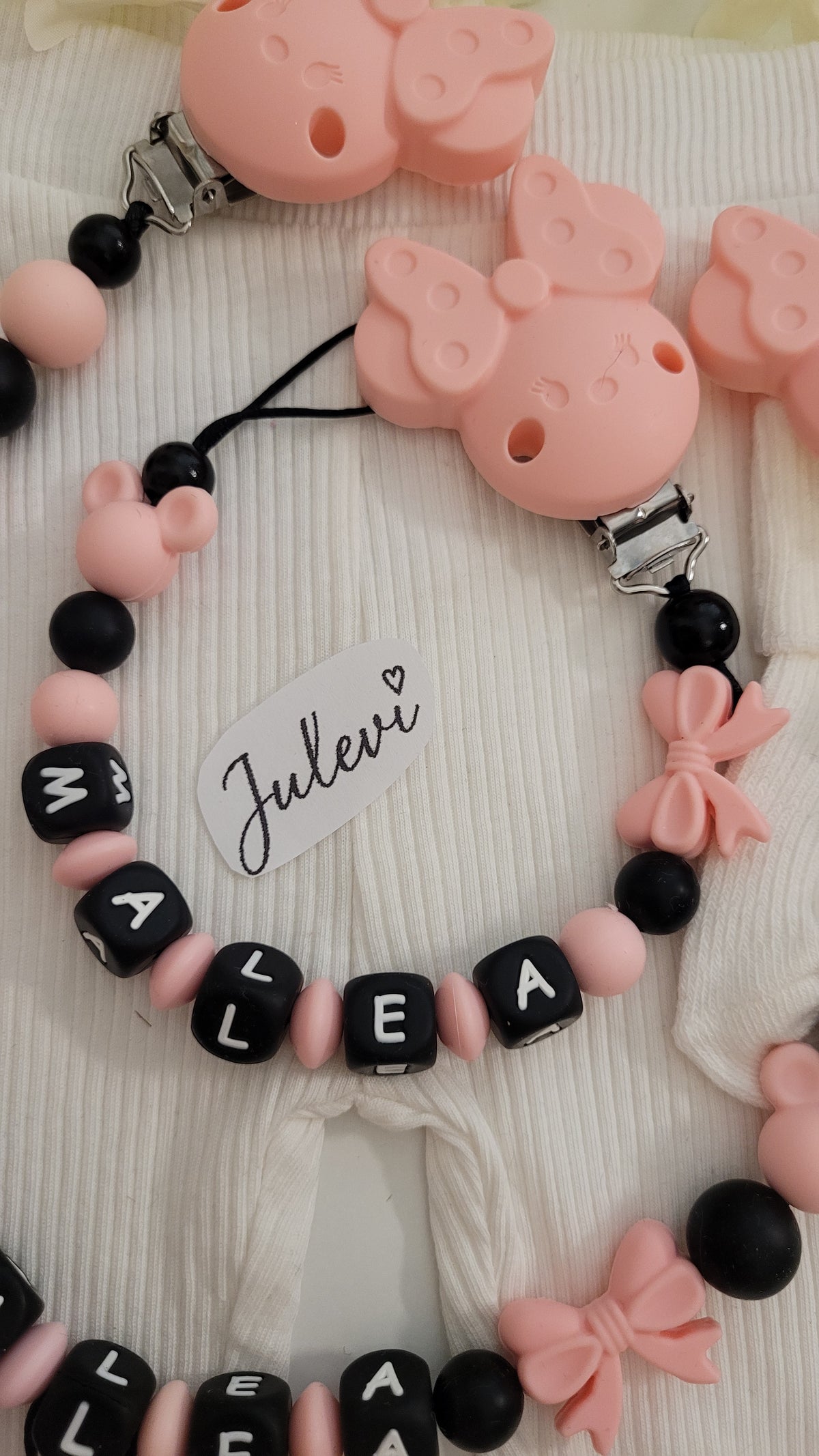 Kinderwagenkette & Schnullerkette Set mit Namen Maus apricot Holz Silikon | personalisiert