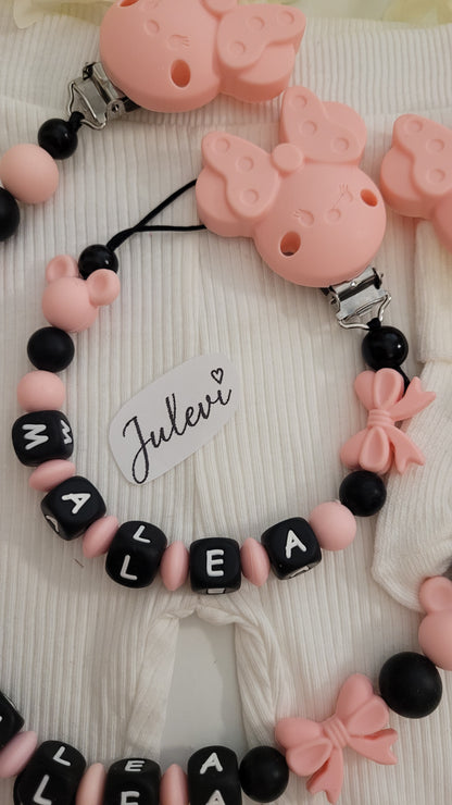 Kinderwagenkette & Schnullerkette Set mit Namen Maus apricot Holz Silikon | personalisiert