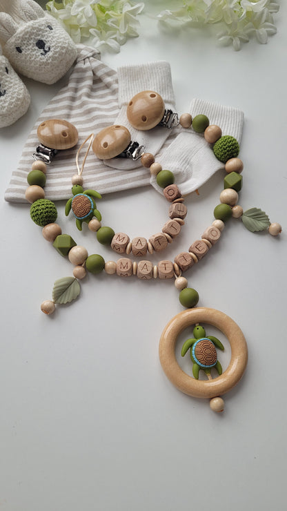 Schnullerkette Kinderwagenkette & Beissring mit Namen Schildkröte holz grün