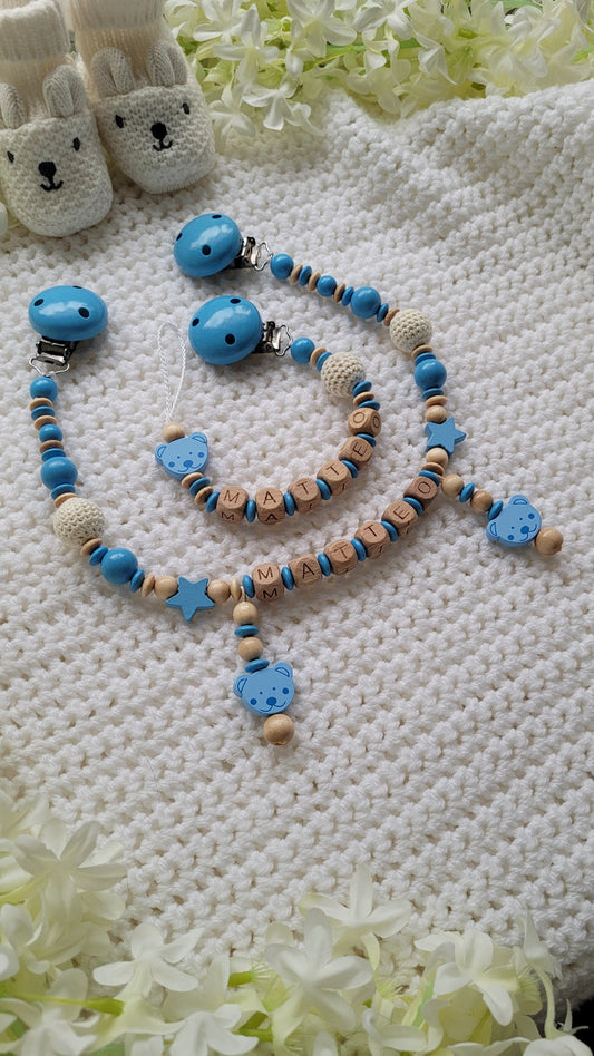 Kinderwagenkette & Schnullerkette mit Namen Teddy blau holz