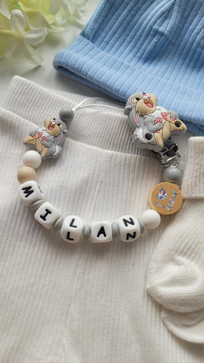 Kinderwagenkette & Schnullerkette Set mit Namen Hase Wendeperle i love Mom und Dad weiß grau beige Holz Silikon | personalisiert