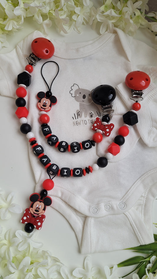 Kinderwagenkette & Schnullerkette mit Namen *Maus*  rot