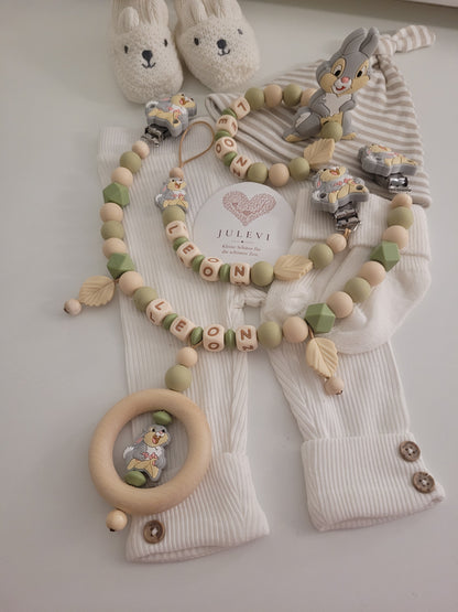 3er Set Schnullerkette Kinderwagenkette & Greifring mit Namen Hase Grün Beige
