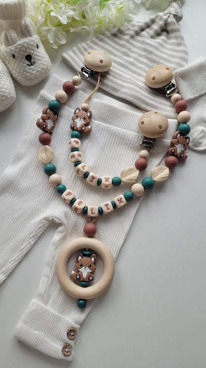 3tlg.Set Schnullerkette Kinderwagenkette & Greifring mit Namen Fuchs petrol beige