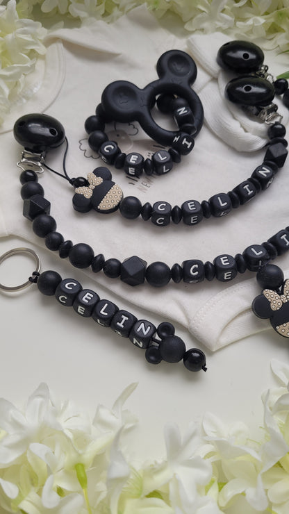 4 tlg Set Schnullerkette Kinderwagenkette Greifring & Schlüsselanhänger Minnie beige black