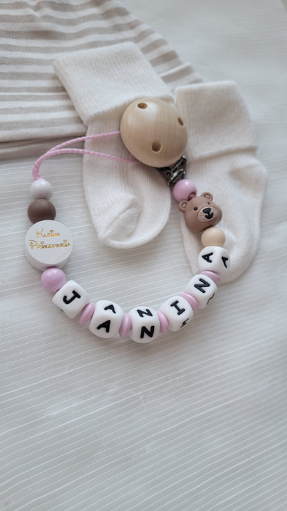 Kinderwagenkette & Schnullerkette mit Namen Bärchen & Kleine Prinzessin rosa beige braun