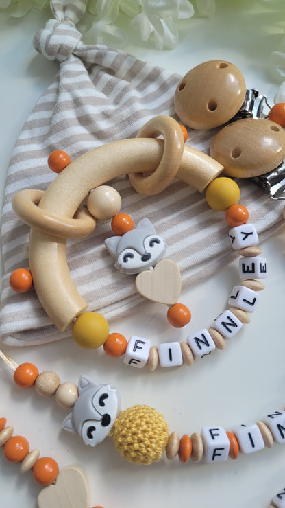 3tlg.Set Schnullerkette Kinderwagenkette & Greifring Fuchs orange holz