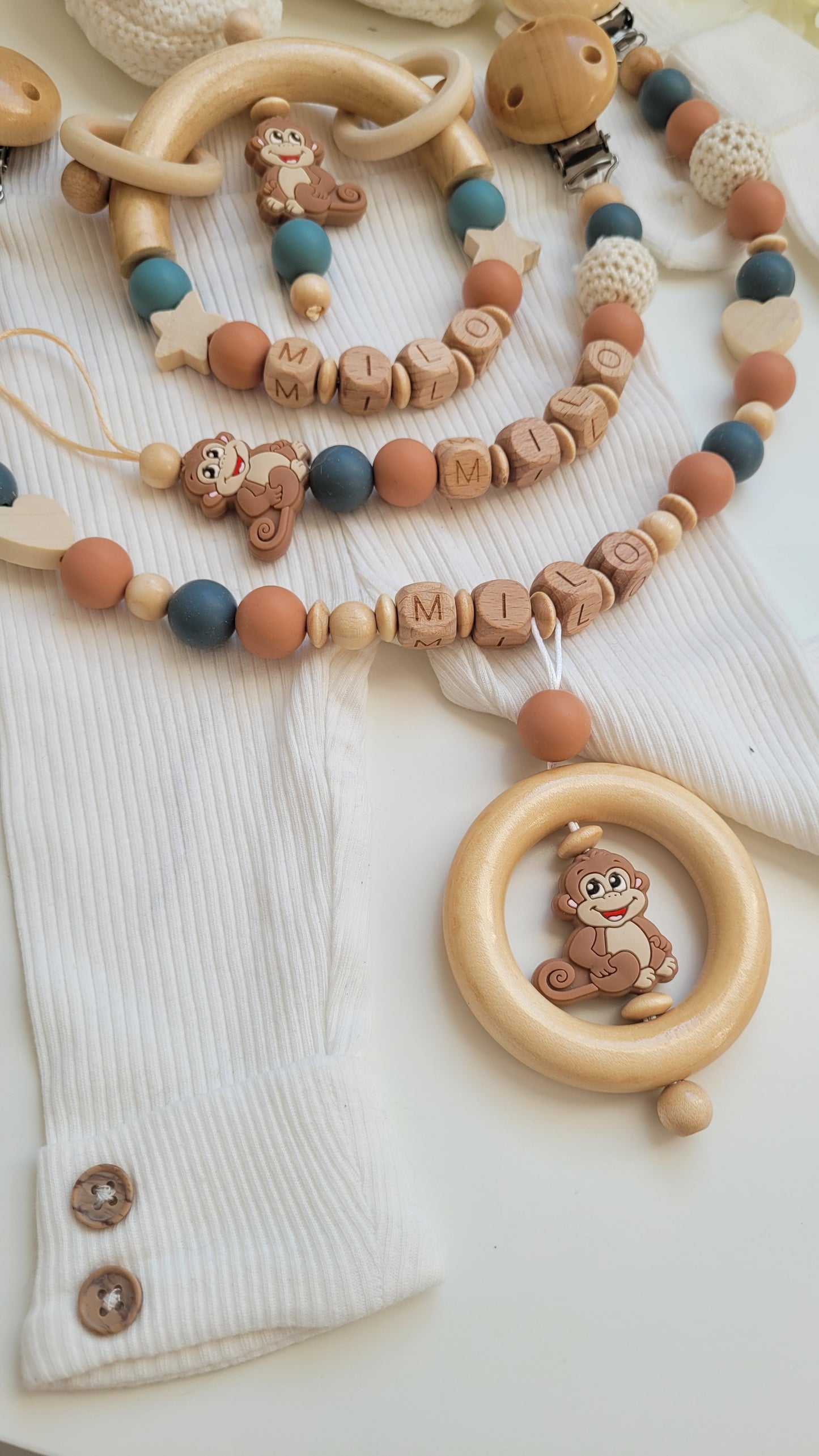 3tlg Set Schnullerkette Kinderwagenkette Greifling personalisiert