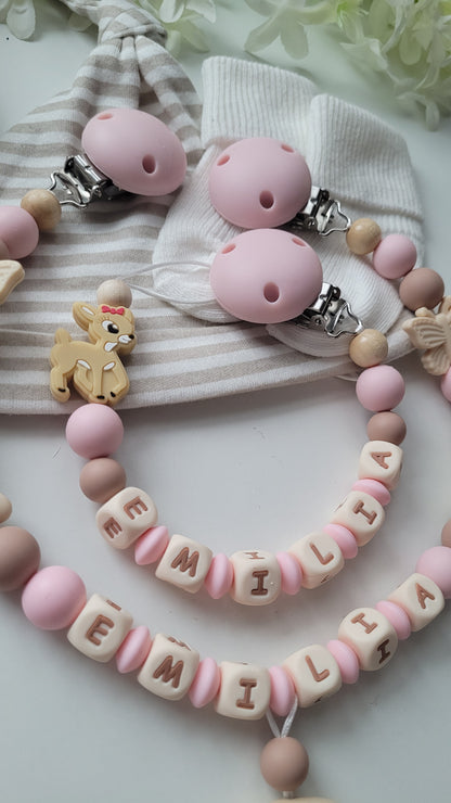 Kinderwagenkette & Schnullerkette mit Namen Schmetterling Reh altrose taupe