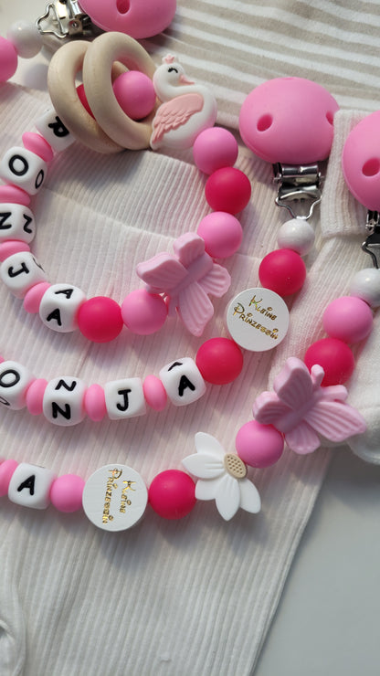 3er Set Schnullerkette Kinderwagenkette & Greifring Schwan & Blumen pink