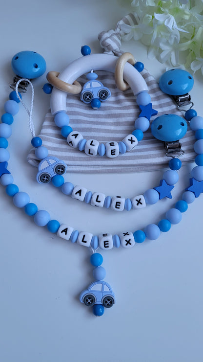 3tlg.Set Schnullerkette Kinderwagenkette & Greifring mit Namen Auto blau