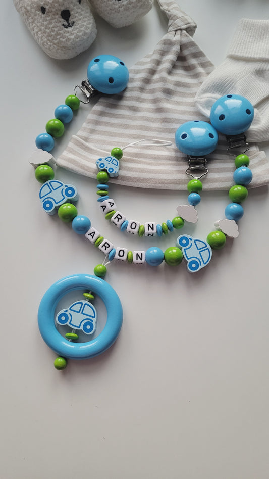 Kinderwagenkette & Schnullerkette mit Namen Auto blau grün
