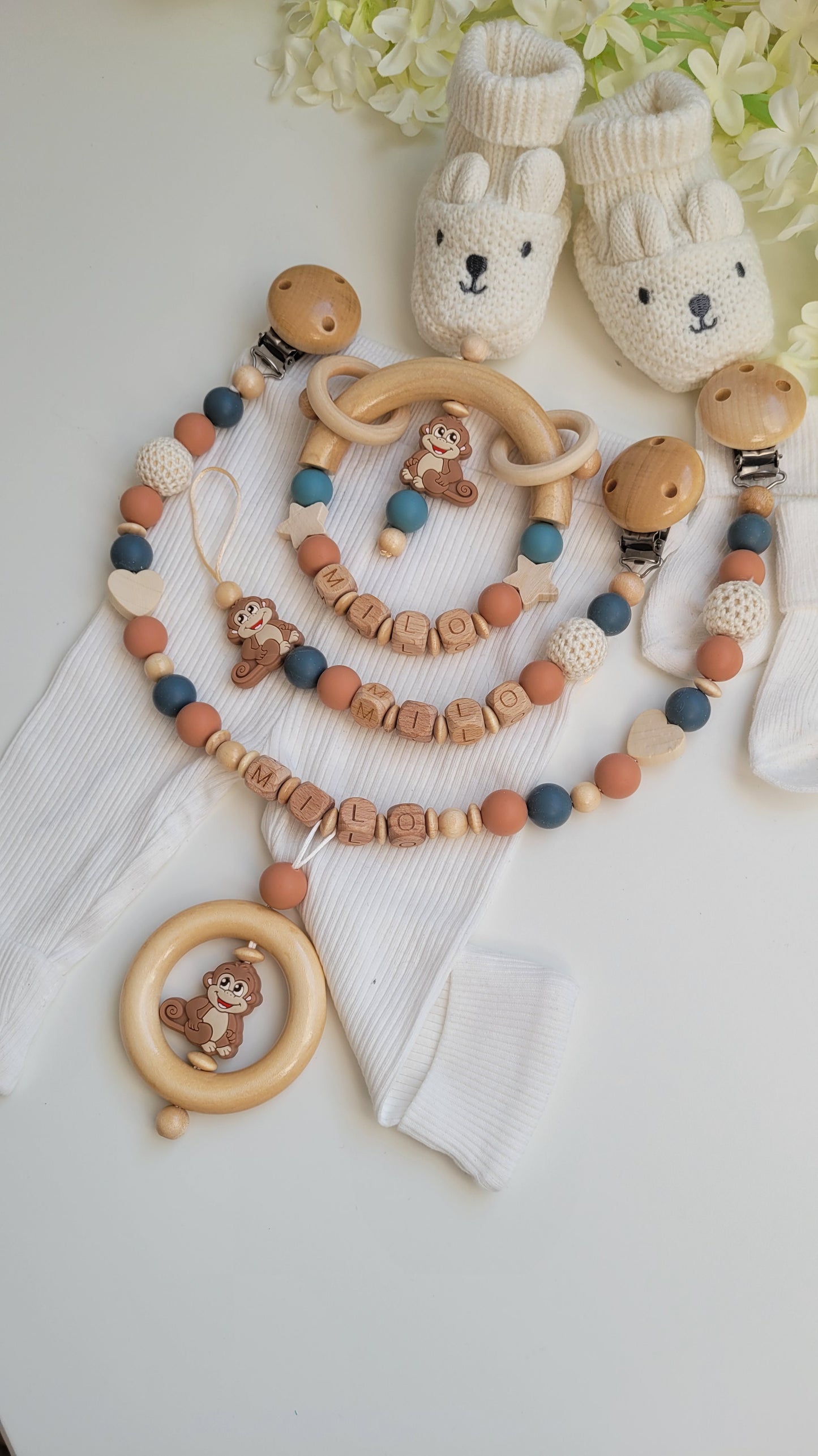 3tlg Set Schnullerkette Kinderwagenkette Greifling personalisiert