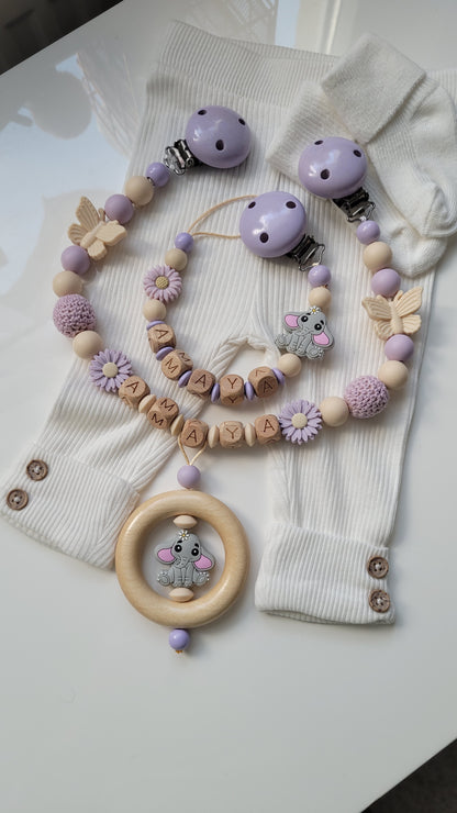 Kinderwagenkette & Schnullerkette mit Namen Elefant flieder Blümchen