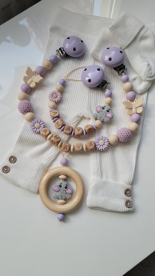 Kinderwagenkette & Schnullerkette mit Namen Elefant flieder Blümchen