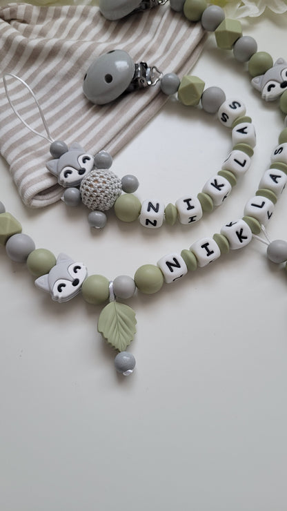 3tlg.Set Schnullerkette Kinderwagenkette & Greifring mit Namen Fuchs grün grau