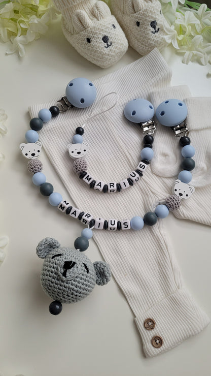 3tlg Set Schnullerkette Kinderwagenkette Greifling Bärchen blau weiss