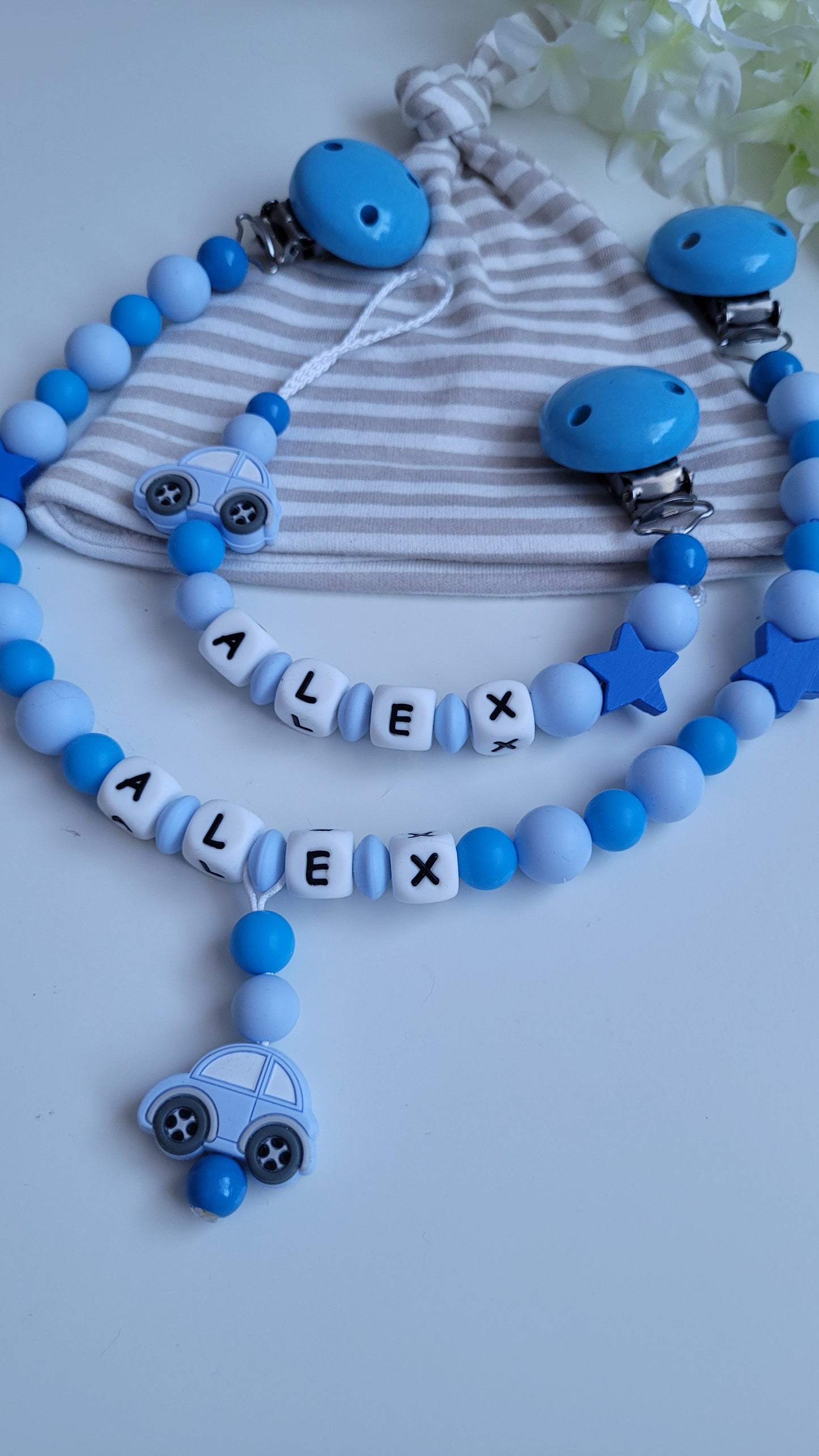 3tlg.Set Schnullerkette Kinderwagenkette & Greifring mit Namen Auto blau