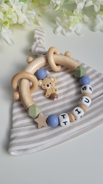 3tlg.Set Schnullerkette Kinderwagenkette & Greifring mit Namen Koala beige blau grün