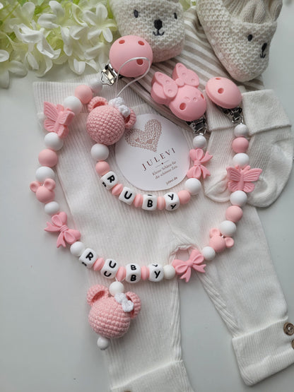 Kinderwagenkette & Schnullerkette Set mit Namen Schleifen Mäuse apricot weiß Silikon | personalisiert