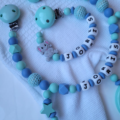 Kinderwagenkette & Schnullerkette mit Namen Elefant mint blau