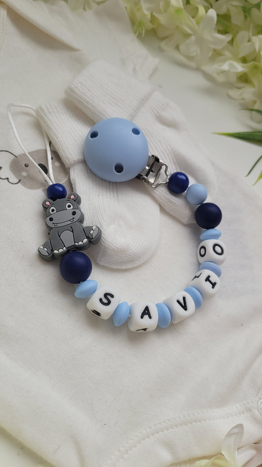 Schnullerkette mit Namen für Jungen Nilpferd blau dunkelblau