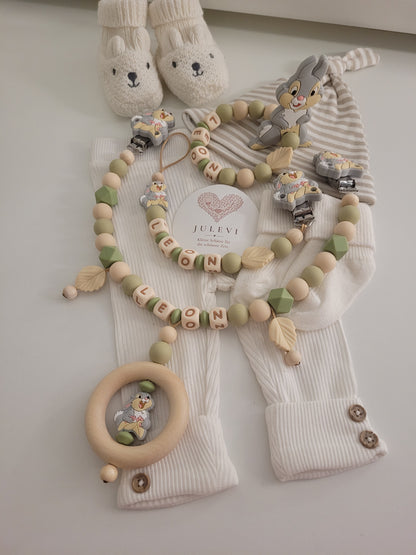 3er Set Schnullerkette Kinderwagenkette & Greifring mit Namen Hase Grün Beige