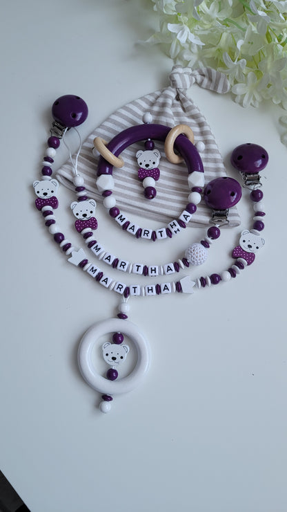 3tlg.Set Schnullerkette Kinderwagenkette & Greifring mit Namen Bärchen pflaume
