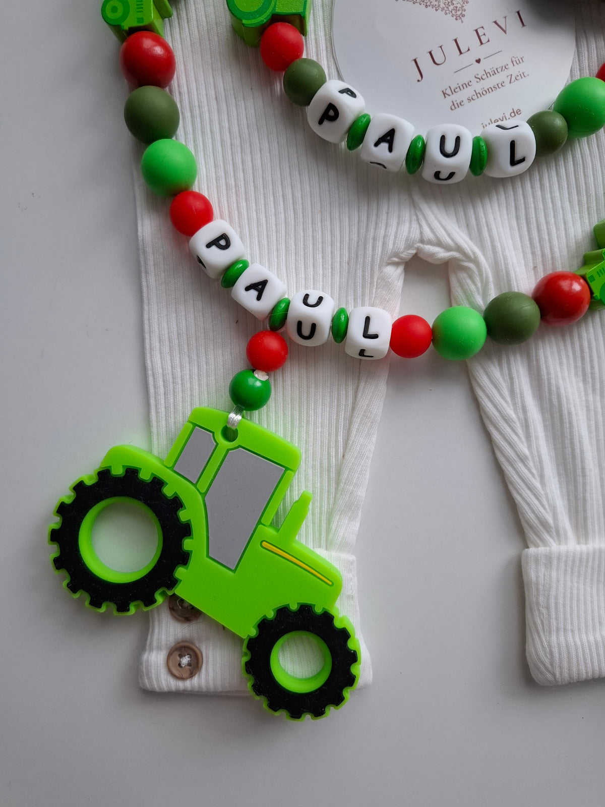 Kinderwagenkette & Schnullerkette Set mit Namen Traktor grün rot personalisiert