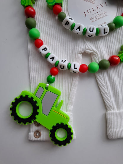 Kinderwagenkette & Schnullerkette Set mit Namen Traktor grün rot personalisiert
