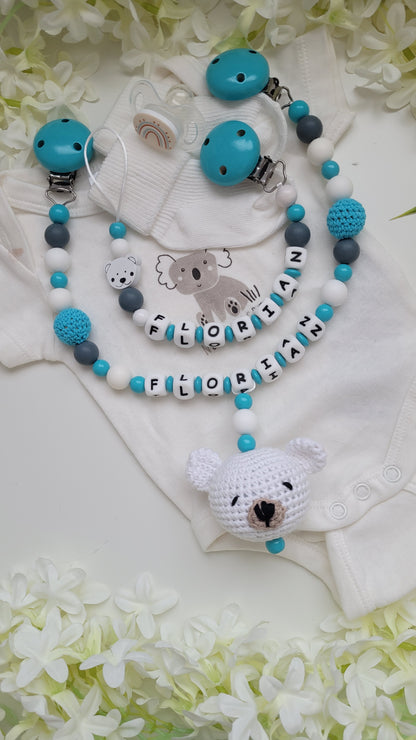 Kinderwagenkette & Schnullerkette Teddybär türkis