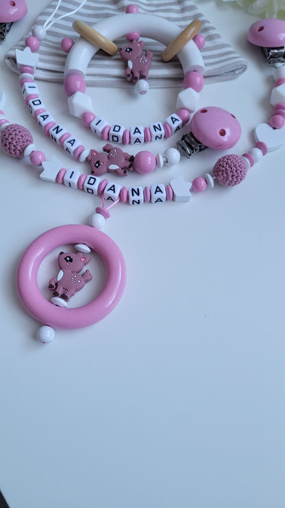 3tlg.Set Schnullerkette Kinderwagenkette & Greifring mit Namen Reh babyrosa weiss