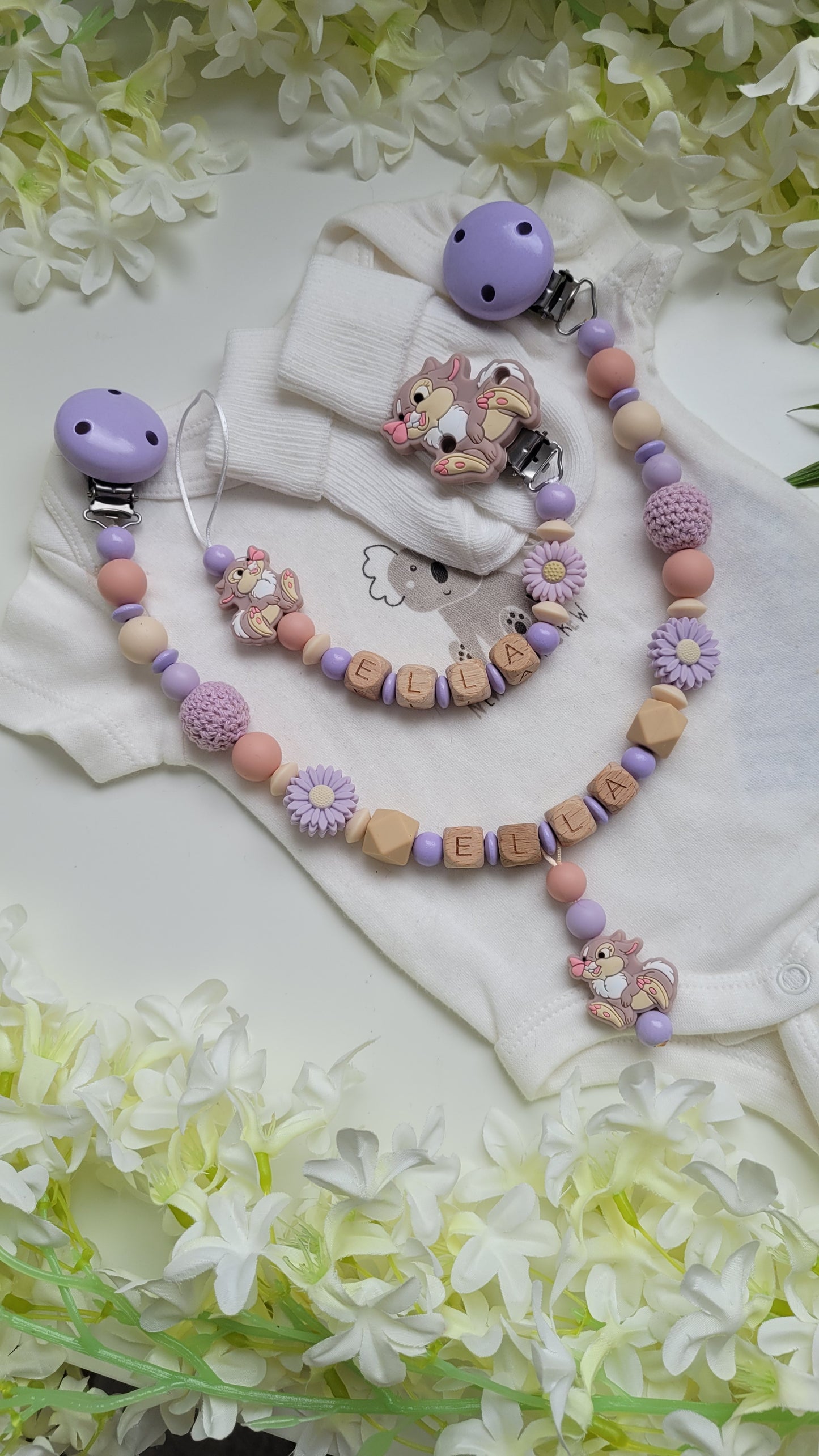 Kinderwagenkette & Schnullerkette Set lila Blumen Hase