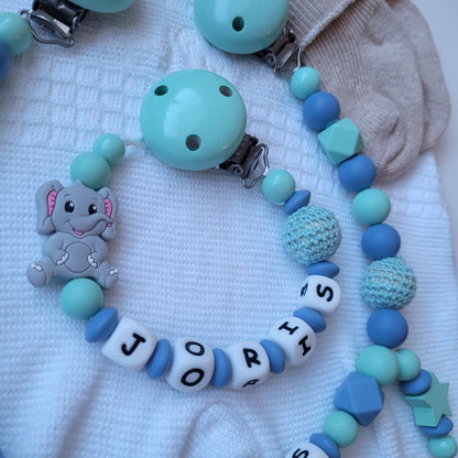 Kinderwagenkette & Schnullerkette mit Namen Elefant mint blau