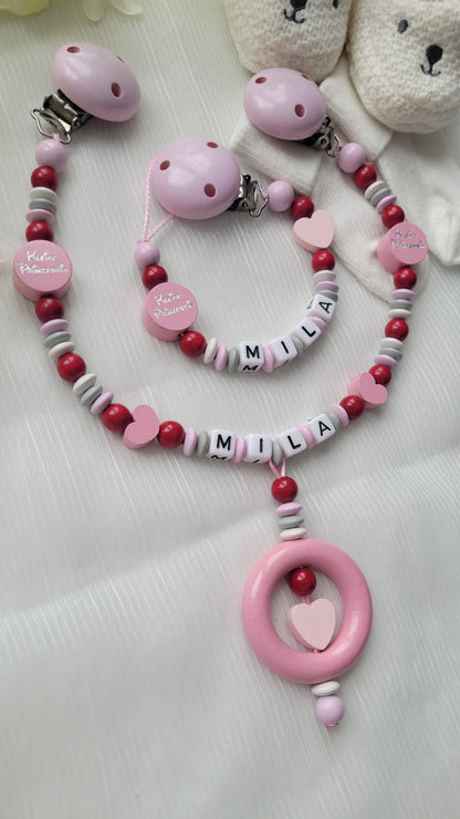 Kinderwagenkette & Schnullerkette mit Namen Kleine Prinzessin rosa weinrot