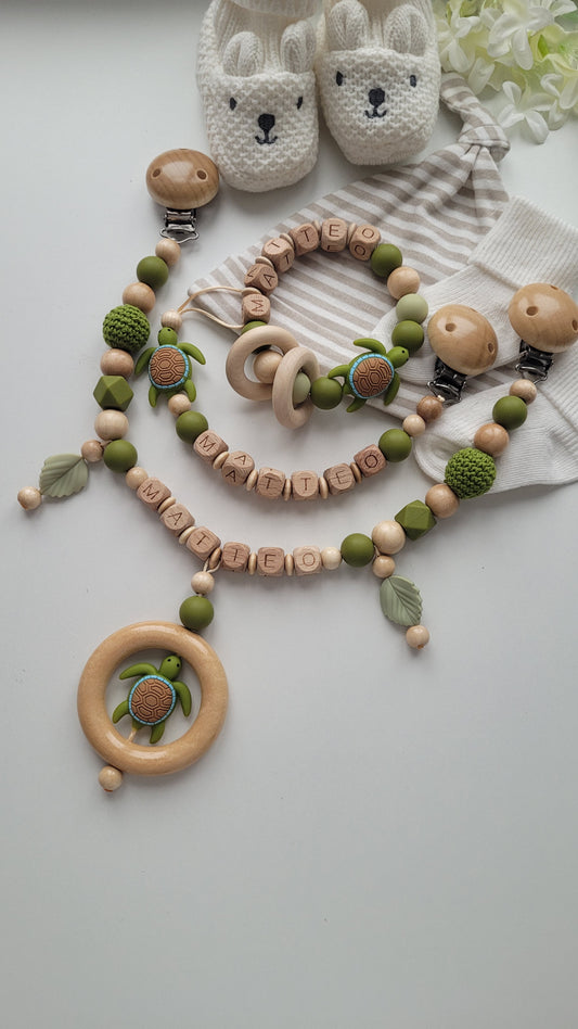 3er Set Schnullerkette Kinderwagenkette & Beissring mit Namen Schildkröte holz grün