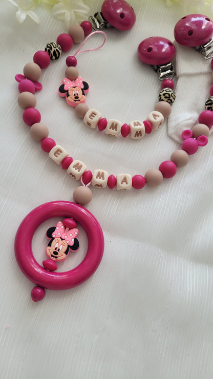 Kinderwagenkette & Schnullerkette mit Namen für Mädchen Maus pink sand