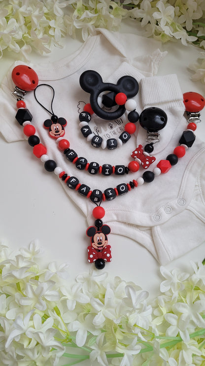 3tlg Set Schnullerkette Kinderwagenkette Greifling Mickey Maus  schwarz rot