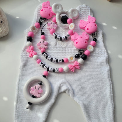 3er Set Kinderwagenkette & Schnullerkette mit Namen + Greifring für Mädchen schwarz pink weiß Elefant & Maus