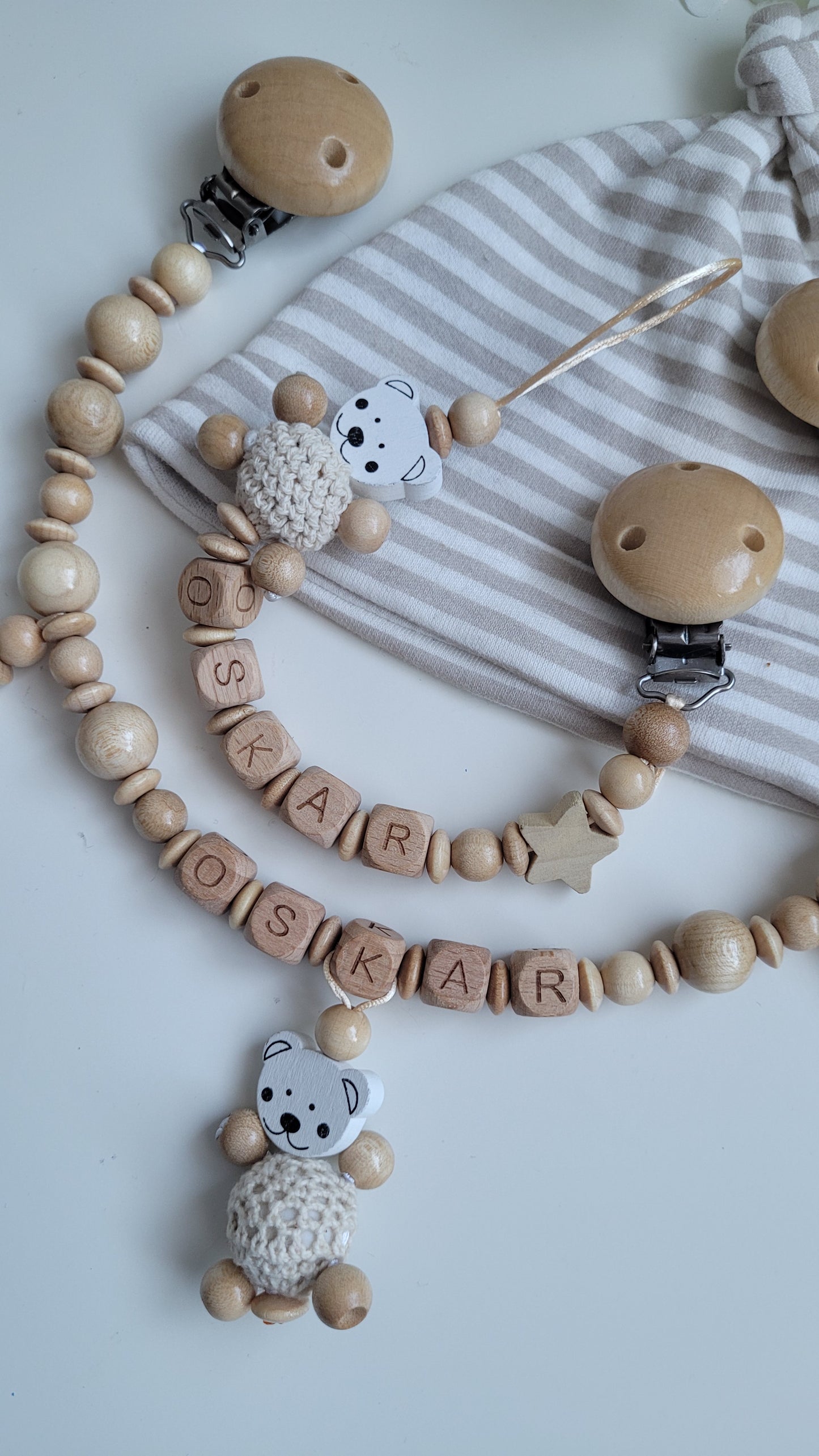 Kinderwagenkette & Schnullerkette mit Namen Bärchen holz