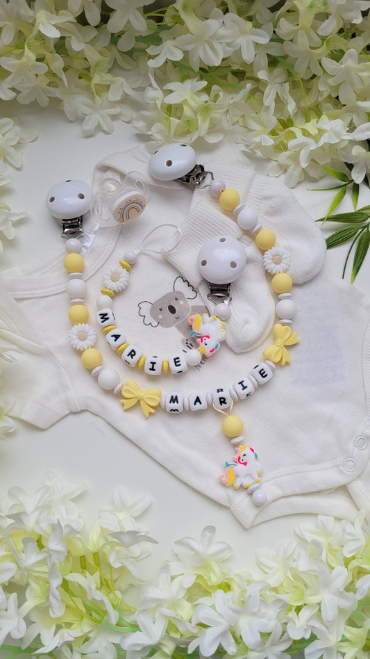 Kinderwagenkette & Schnullerkette *Einhorn*  weiss gelb