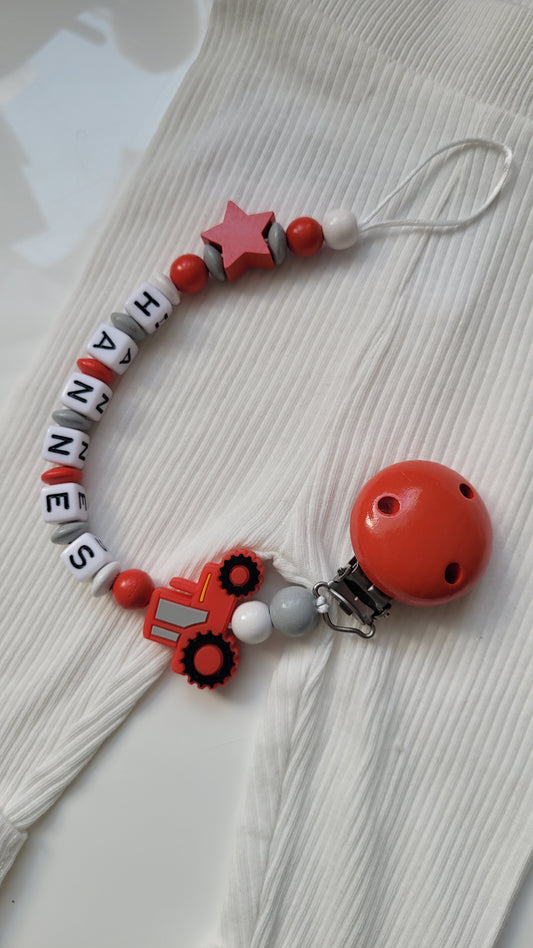 Schnullerkette mit Namen für Jungen *Traktor * grau rot