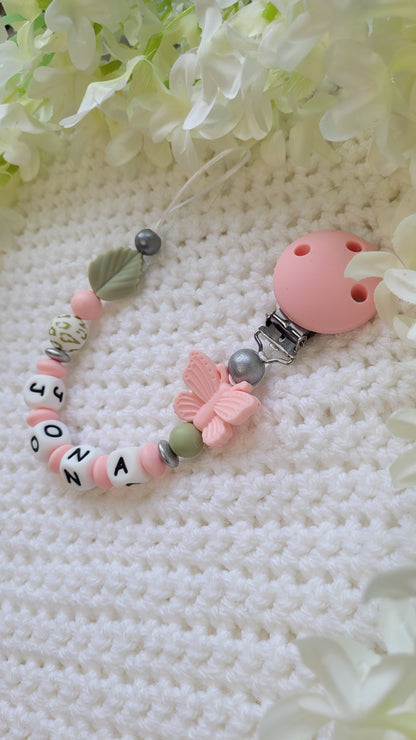 Schnullerkette mit Namen für Mädchen Schmetterling rosa grün silber