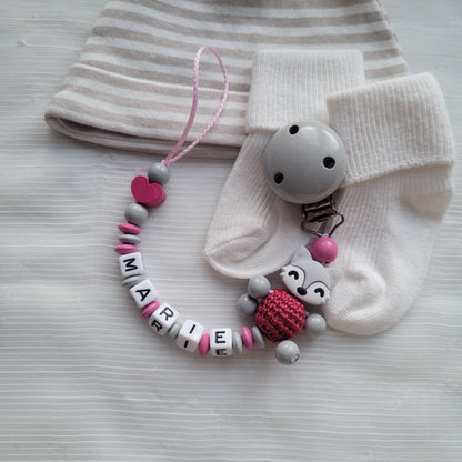 Schnullerkette mit Namen für Mädchen Fuchs & Herz pink grau